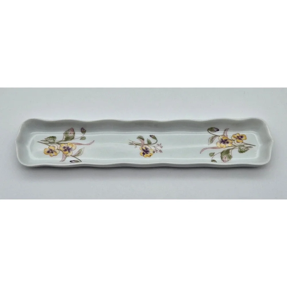 Rochard Limoges France Porcelain Tray‎ Trinket Olive Yellow Pansy Floral Scallop